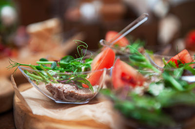 Close-up of food served on table