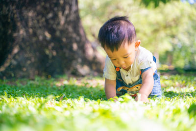 Cute boy against trees