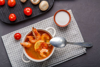 High angle view of breakfast on table