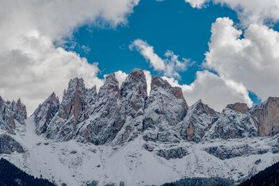 Low angle view of snowcapped mountains against sky