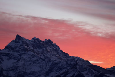 Scenic view of snowcapped mountains against sky during sunset