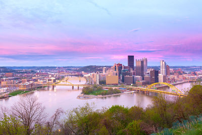 High angle view of river by buildings against sky