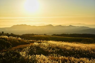 Scenic view of field against sky with mountains during sunrise