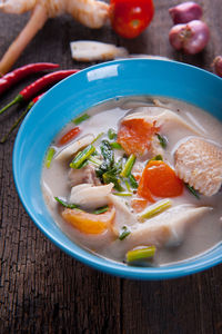 High angle view of soup in bowl on table