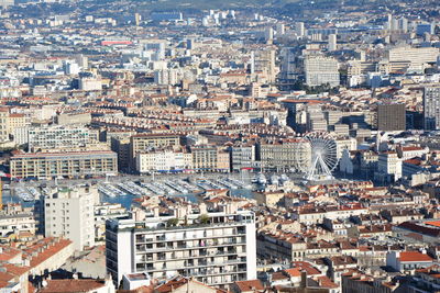 High angle view of buildings in city