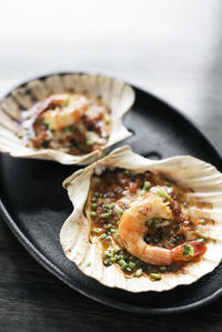 High angle view of food in plate on table