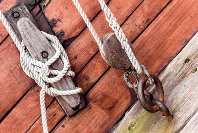 Close-up of rope tied to jetty