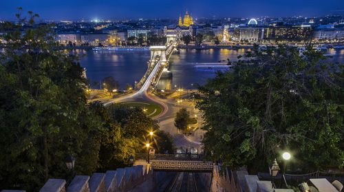 High angle view of illuminated bridge at night