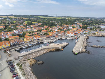 Aerial photo of allinge harbour and town, bornholm, denmark