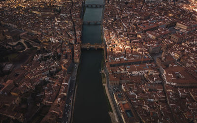 High angle view of buildings at night