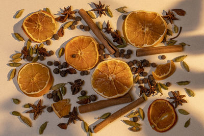 High angle view of orange fruits on table