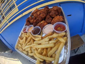 High angle view of noodles with meat on table