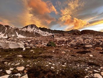 Scenic view of mountains against sky during sunset