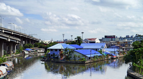 Buildings by river against sky in city