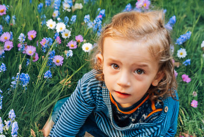 Little blond long-haired boy sitting in meadow among daisies and wildflowers and looking at camera