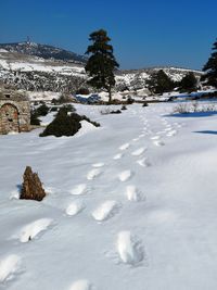 Snow covered landscape against sky