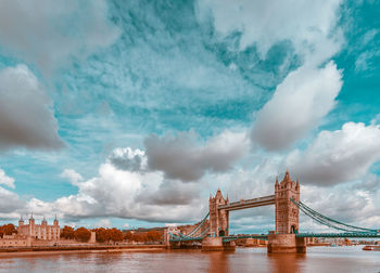 View of bridge over river against cloudy sky