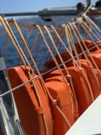 Close-up of sailboat in sea