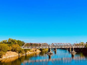 Bridge over river against clear blue sky