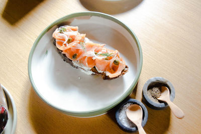 High angle view of food in plate on table