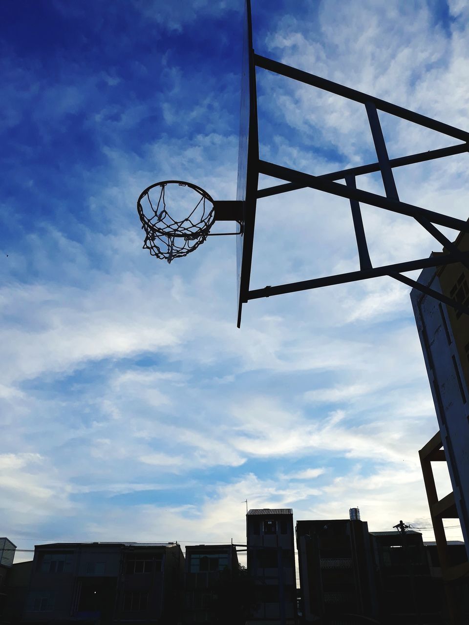 LOW ANGLE VIEW OF BASKETBALL HOOP