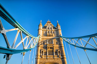 Low angle view of bridge against clear blue sky