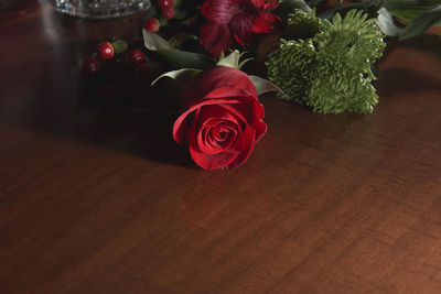 High angle view of rose bouquet on table