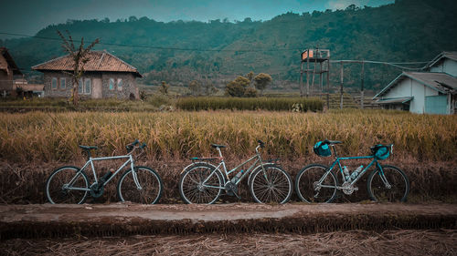 Bicycle parked on field by houses against buildings