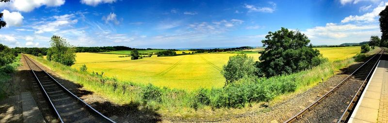 Panoramic view of agricultural landscape against sky