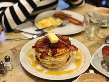 High angle view of breakfast served on table
