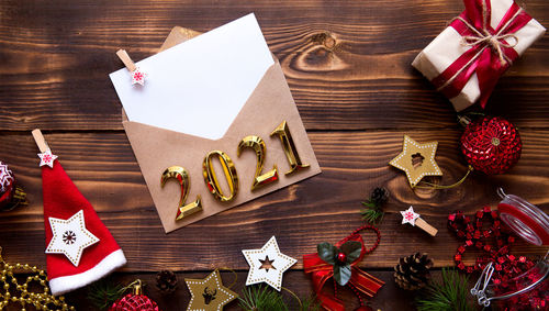 High angle view of christmas decorations on table