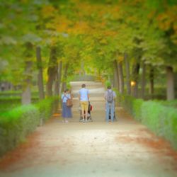 Rear view of people walking on footpath