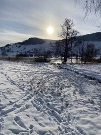 Snow covered field against sky