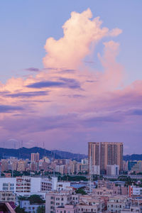 High angle view of buildings against cloudy sky