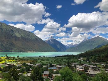 Scenic view of lake and mountains against sky