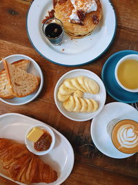 High angle view of breakfast served on table