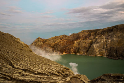 Panoramic view of lake and mountains against sky