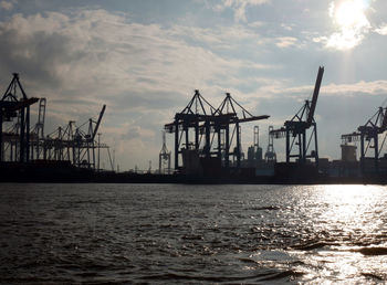 Cranes at commercial dock against sky during sunset