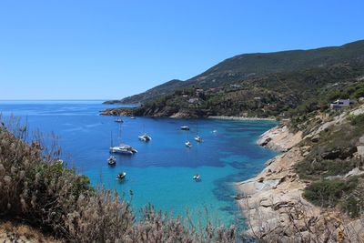 Scenic view of bay against clear blue sky