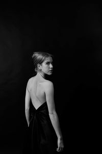 Woman, black and white, studio shot, black dress