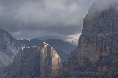 Scenic view of rocky mountains against cloudy sky