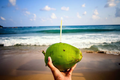 Cropped image of person holding apple against sea