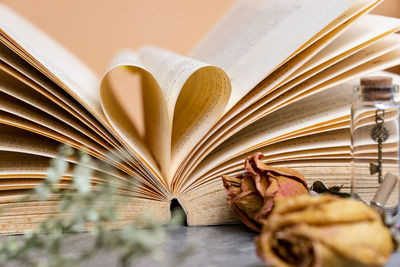 Close-up of heart shape in book on table