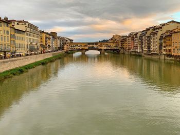 Bridge over river with buildings in background