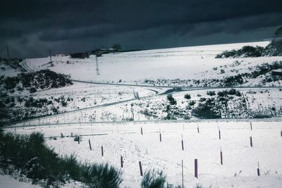 Scenic view of snow covered landscape against sky