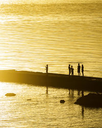 Silhouette people on beach against sky during sunset