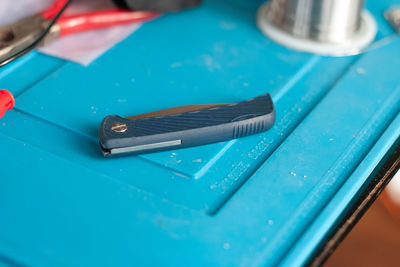 High angle view of work tools on table