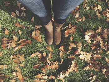 Low section of person standing on field surrounded by autumn leaves