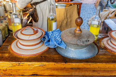 High angle view of equipment on table