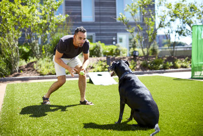 A man playing with his dog in the park.